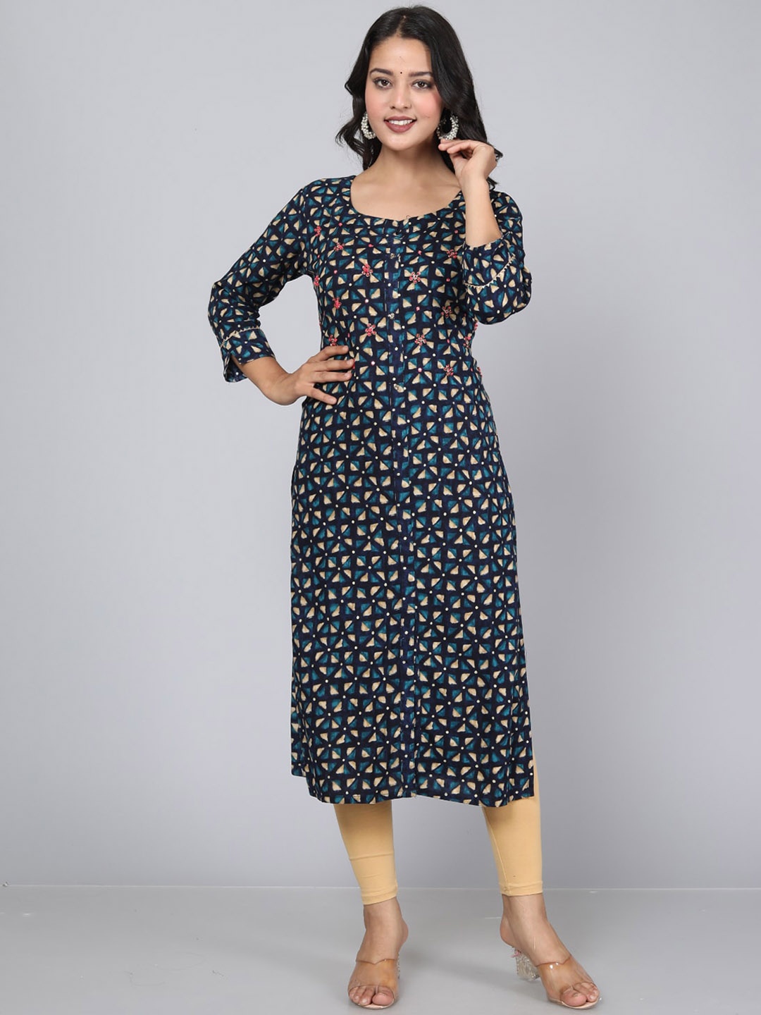 

JC4U Geometric Printed Round Neck Regular Kurta, Blue