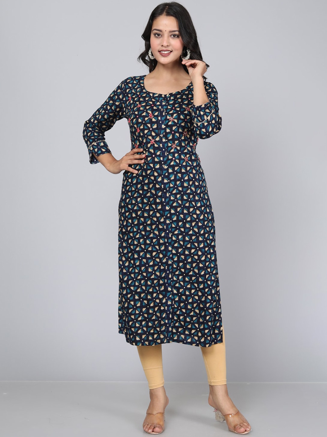 

JC4U Geometric Printed Round Neck Kurta, Blue