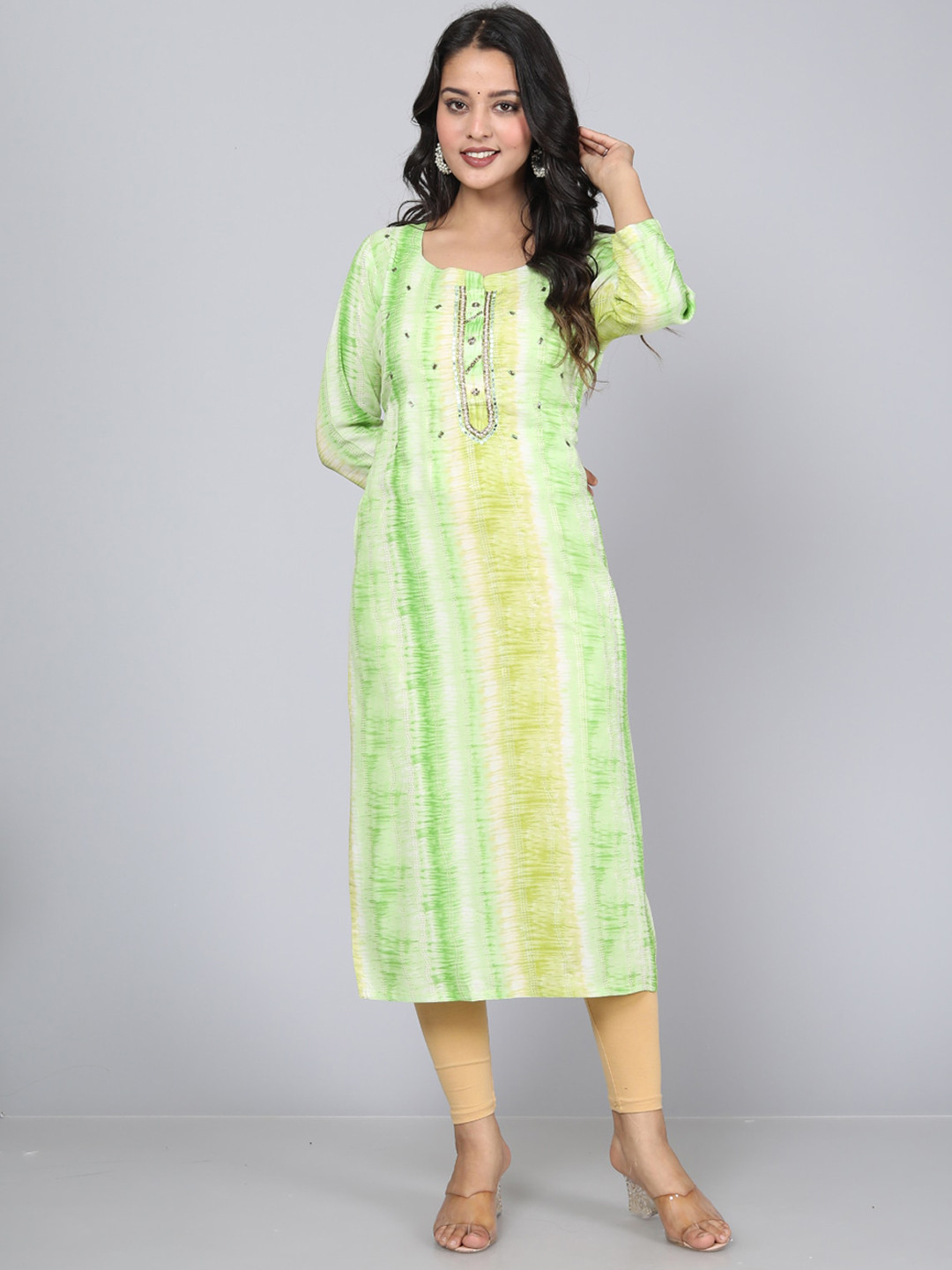 

JC4U Tie & Dyed Beads and Stones Straight Kurta, Green