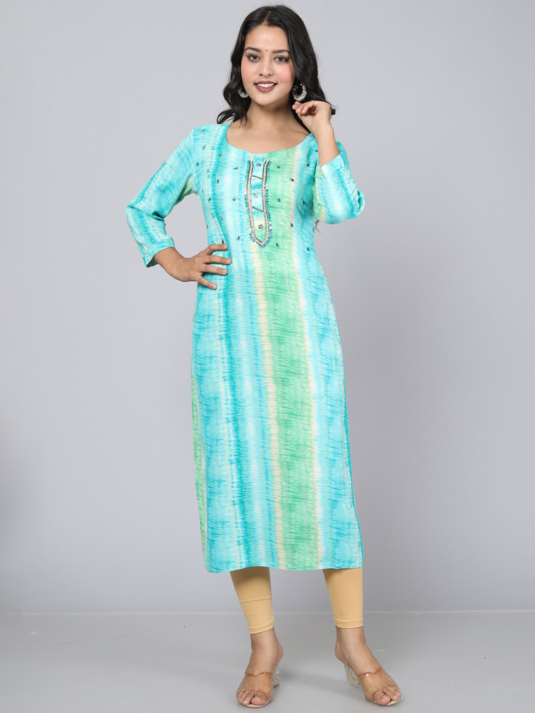 

JC4U Tie & Dye Printed Round Neck Mirror Work Regular Kurta, Blue