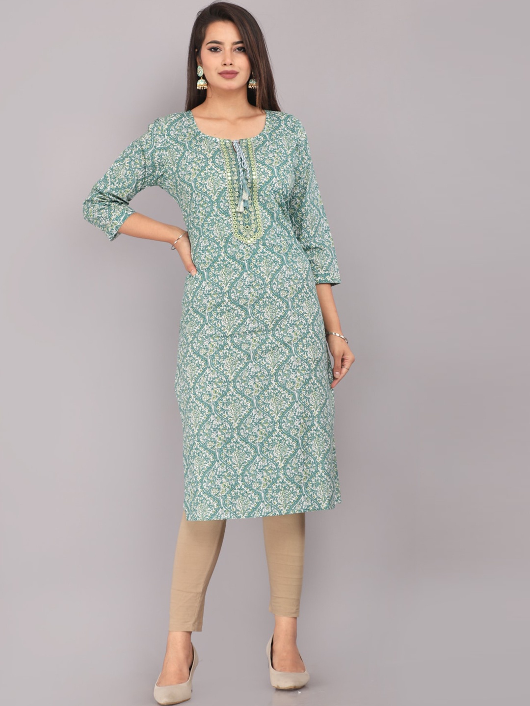 

JC4U Ethnic Motifs Printed Mirror Work Straight Kurta, Grey