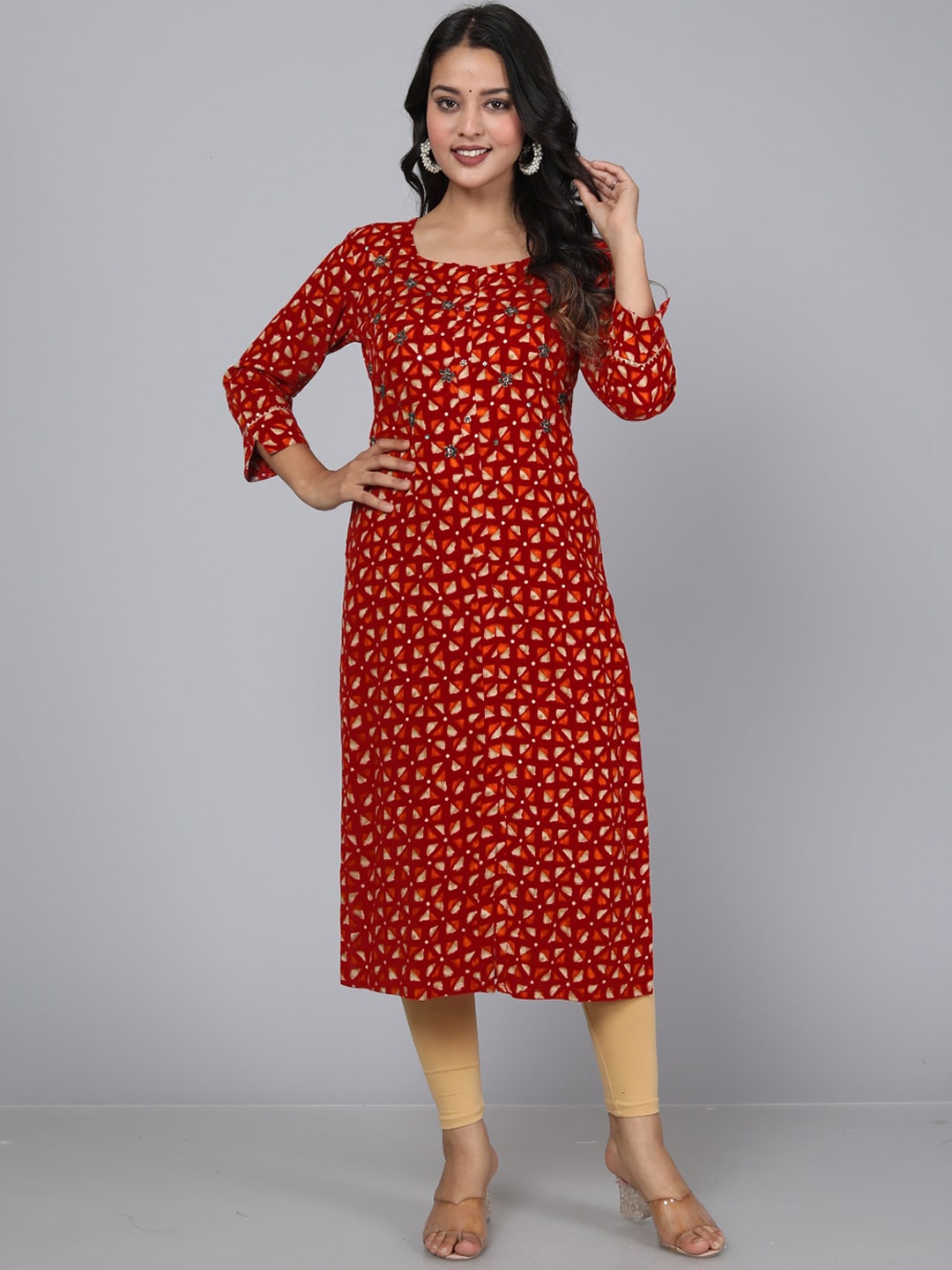 

JC4U Ethnic Motifs Printed Thread Work Straight Kurta, Red
