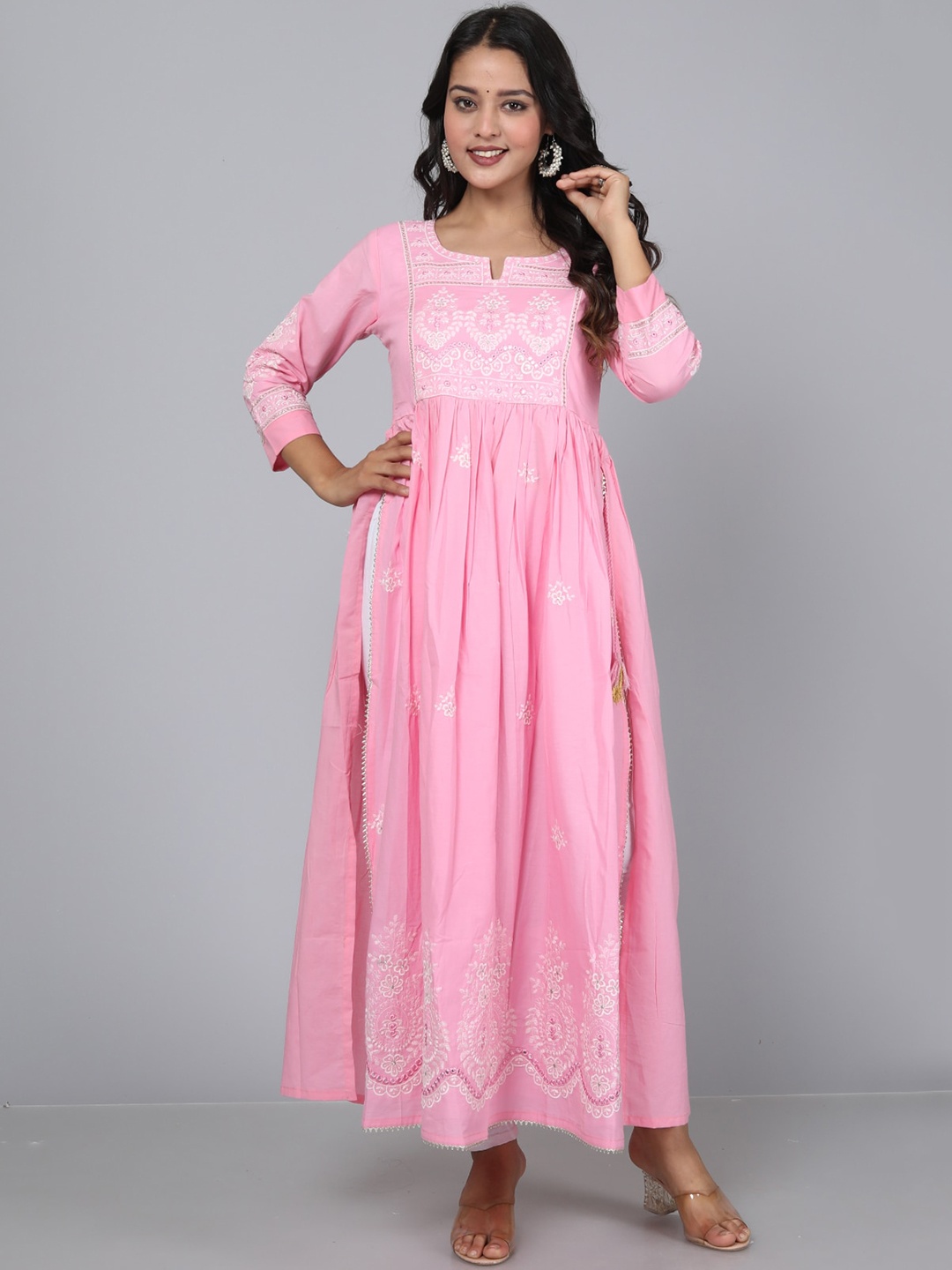 

JC4U Ethnic Motifs Yoke Design Thread Work Pure Cotton A-Line Kurta, Pink