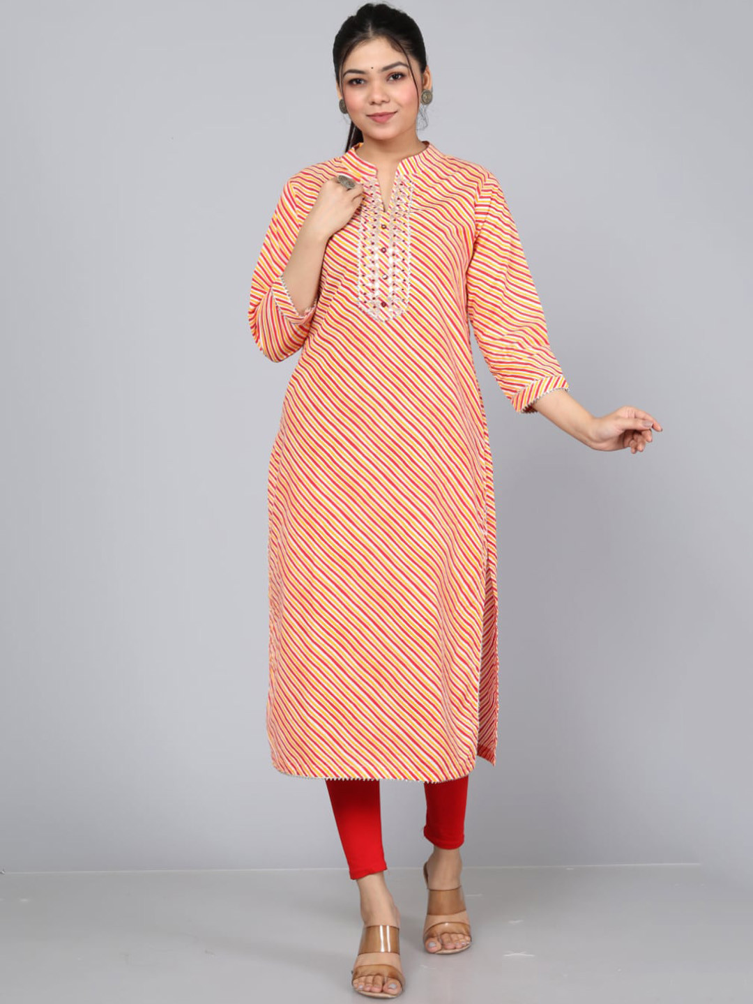 

JC4U Leheriya Printed Mirror Work Straight Kurta, Orange
