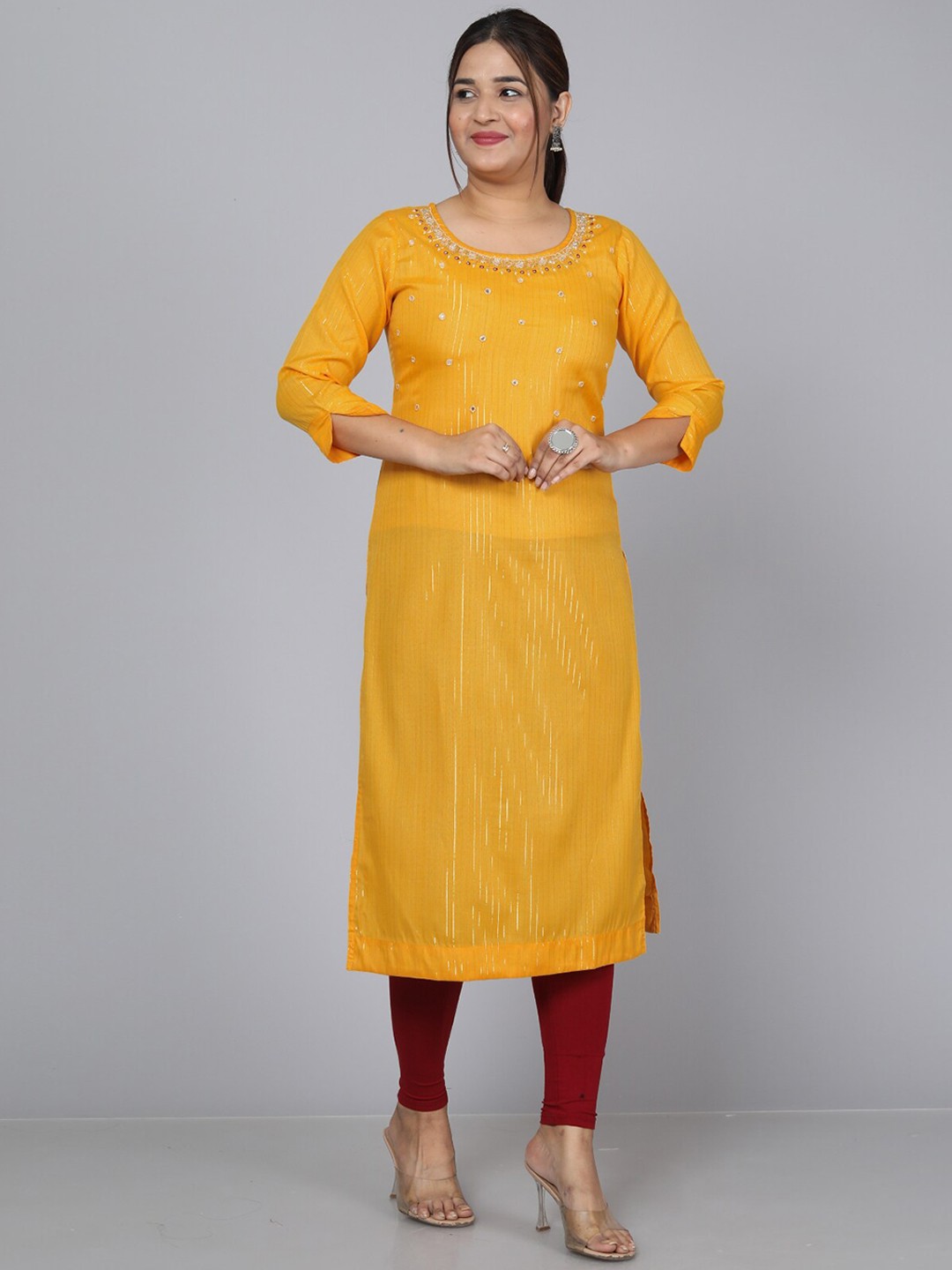 

JC4U Striped Mirror Work Chanderi Silk Kurta, Yellow