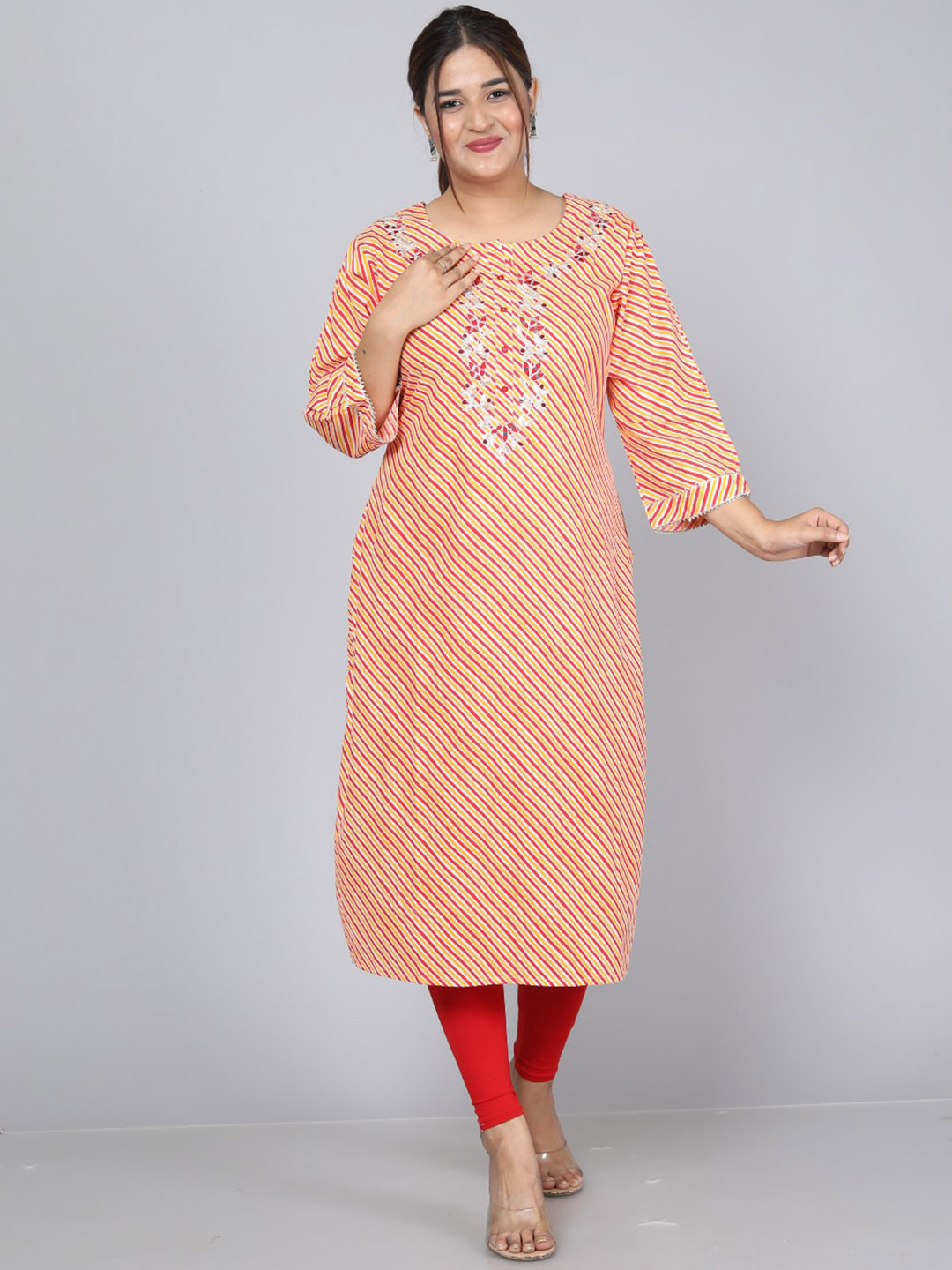 

JC4U Striped Thread Work Straight Kurta, Orange