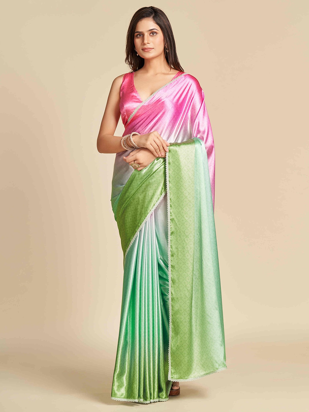 Mitera Pink & Green Ombre Satin Saree