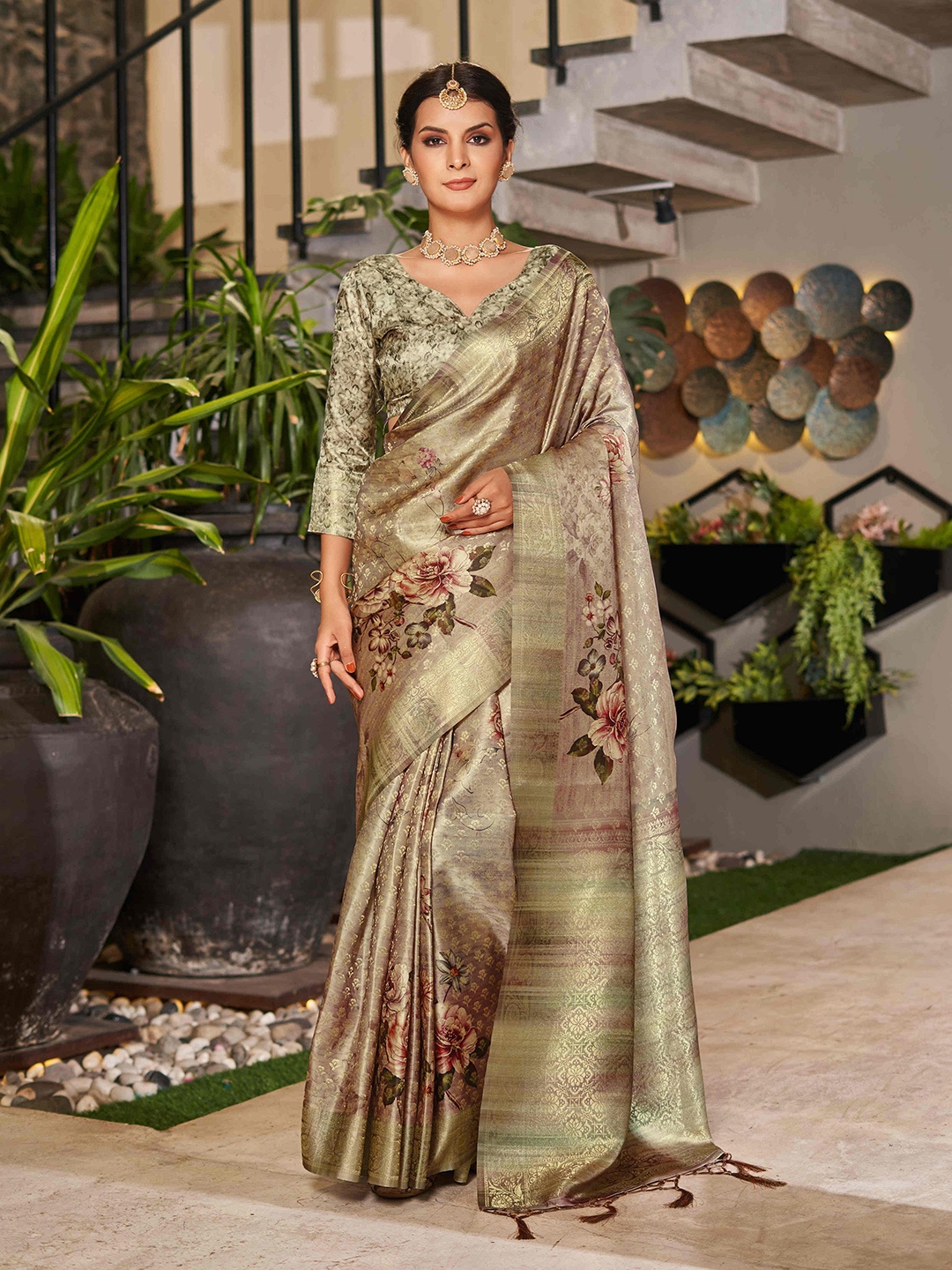 

Mitera Green & Red Floral Printed Zari Satin Saree