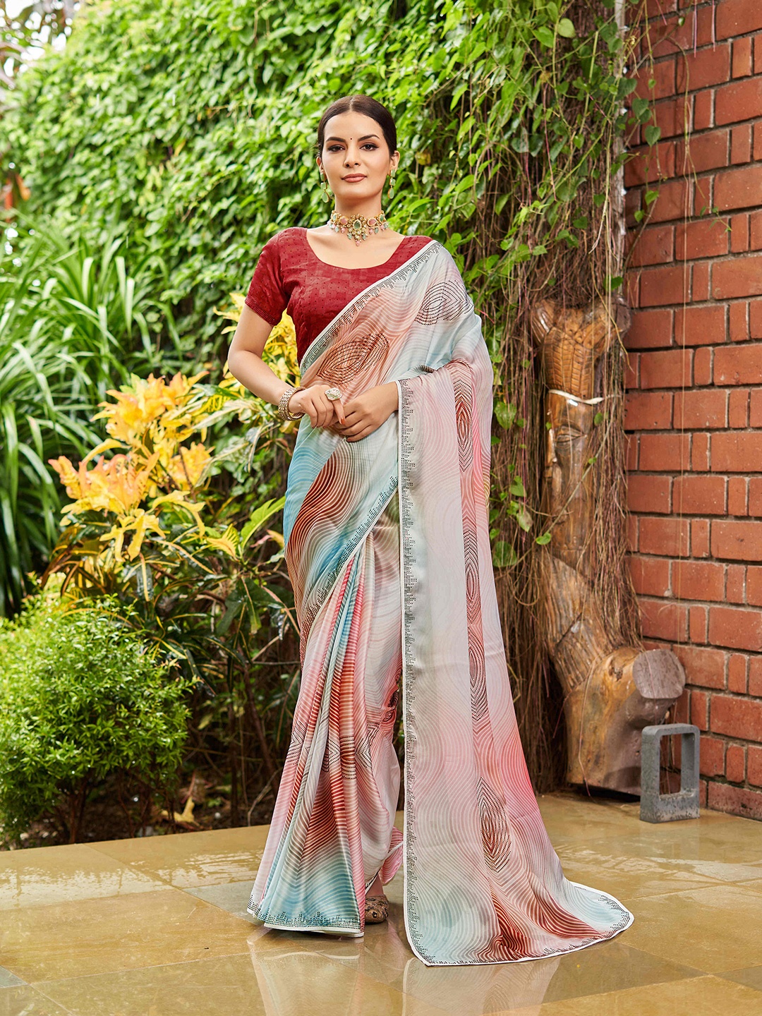 

Mitera Geometric Printed Beads and Stones Pure Georgette Saree, Blue