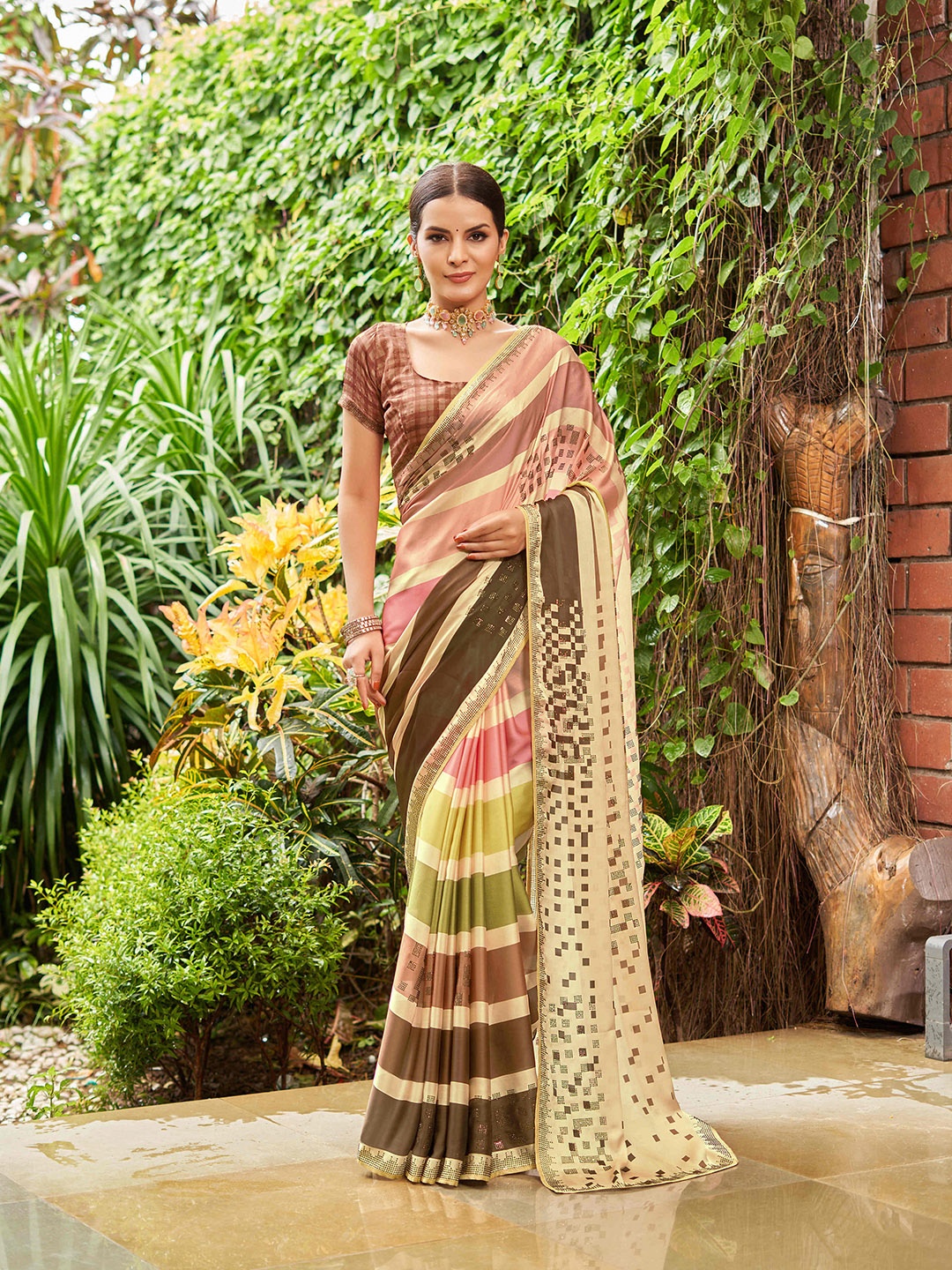 Mitera Striped Sequined Pure Georgette Saree, Beige