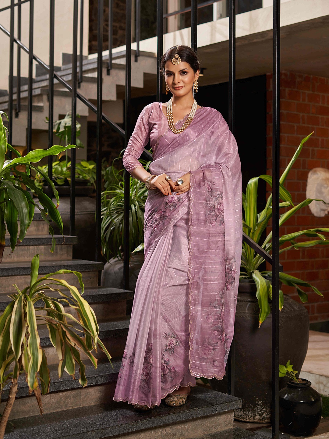 Mitera Floral Printed Sequinned Organza Saree, Purple