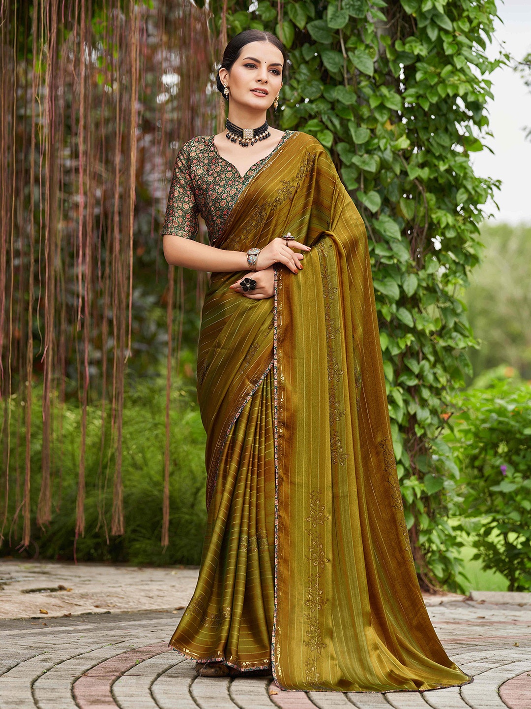 

Mitera Striped Beads and Stones Pure Chiffon Saree, Mustard