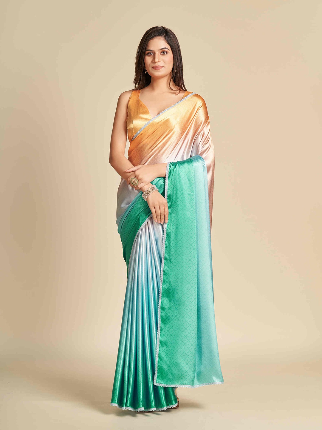 

Mitera Green & Orange Ombre Satin Saree
