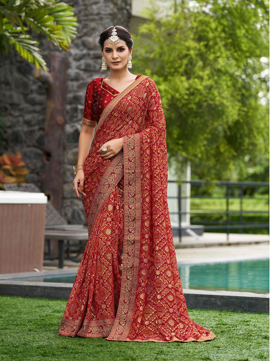 Mitera Red & Gold-Toned Ethnic Motifs Printed Pure Georgette Saree