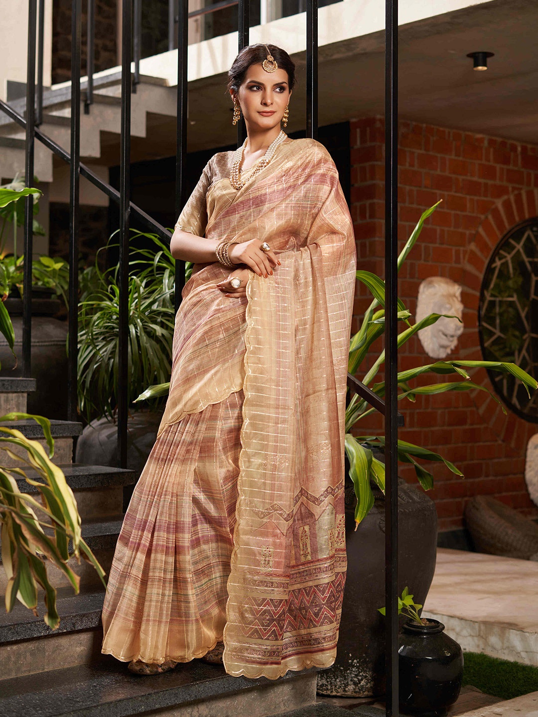 

Mitera Embellished Sequinned Organza Saree, Peach