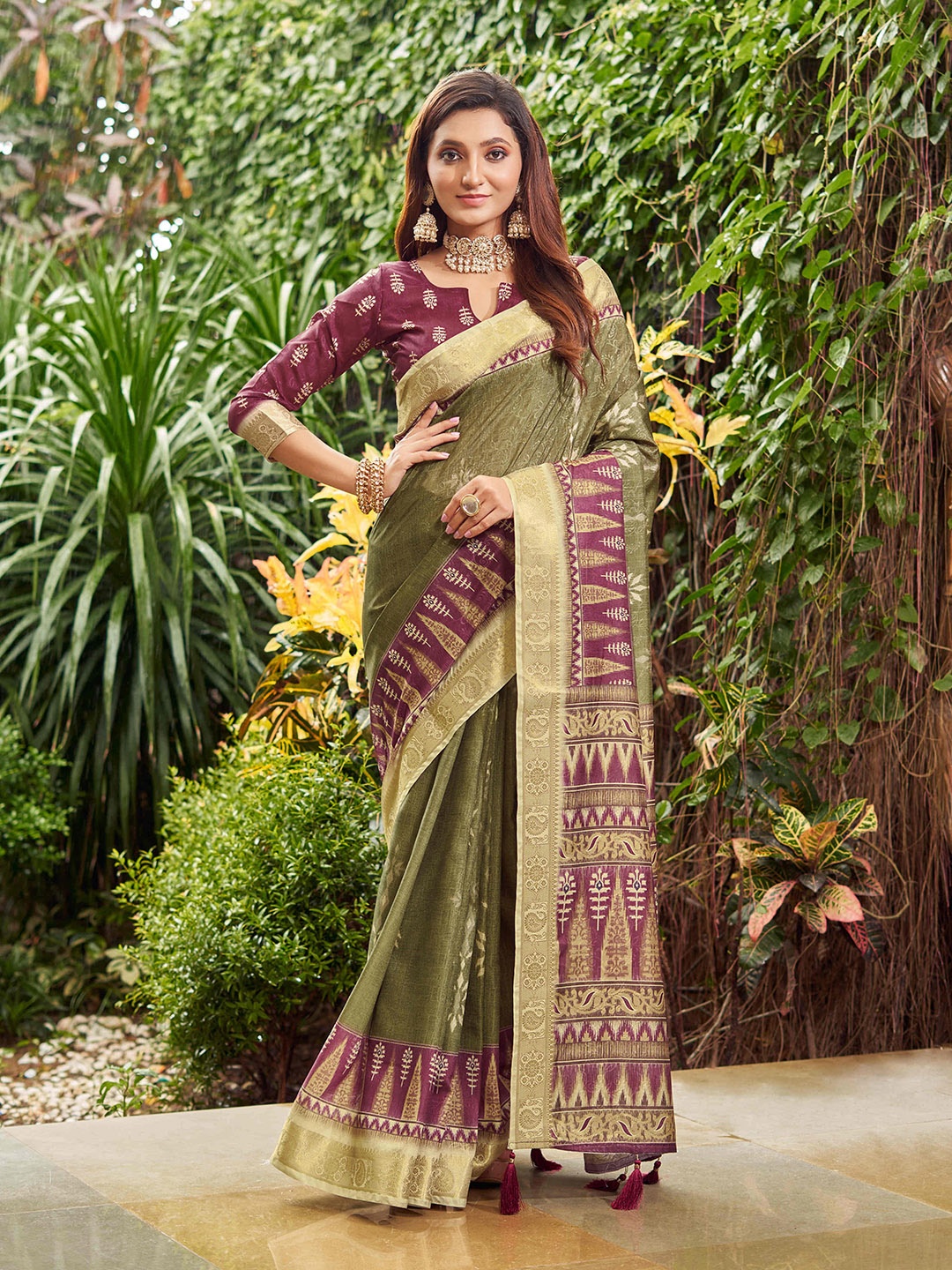 Mitera Green & Burgundy Ethnic Motifs Printed Zari Pure Silk Saree