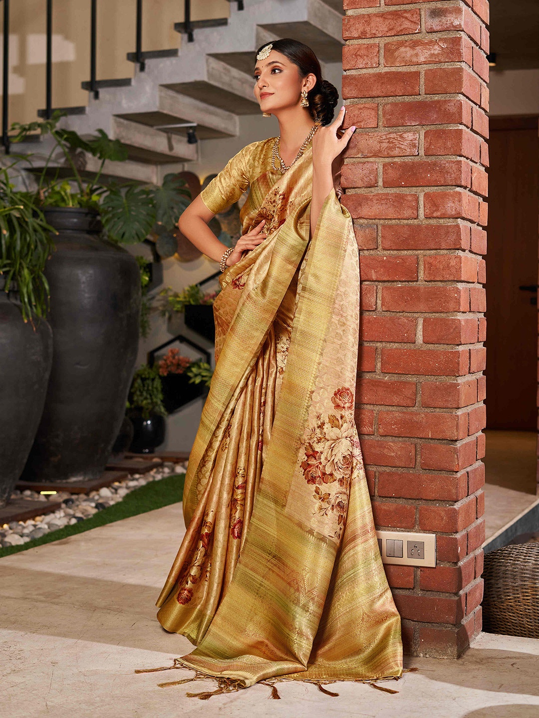 Mitera Floral Printed Zari Satin Saree, Mustard