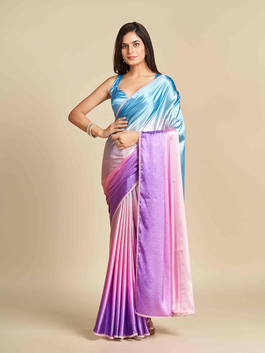 

Mitera Blue & Pink Ombre Satin Saree