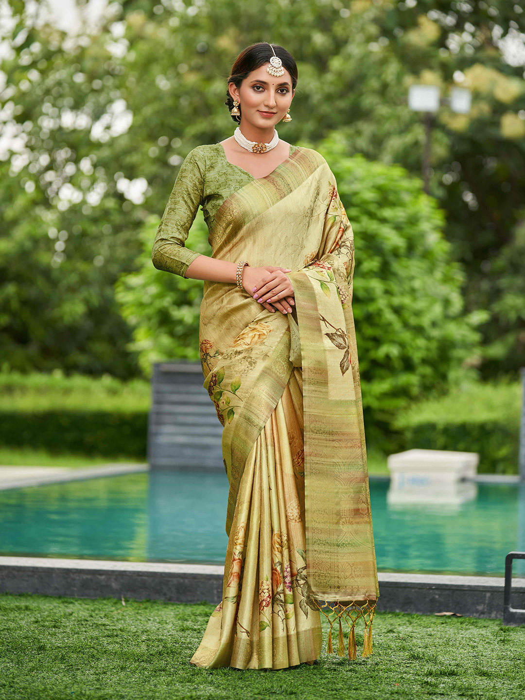 

Mitera Floral Printed Zari Detailed Satin Saree, Green