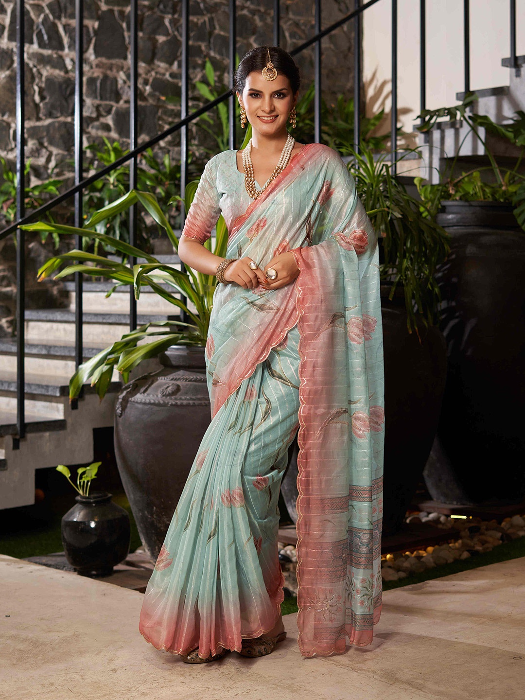 

Mitera Floral Printed Sequinned Organza Saree, Teal