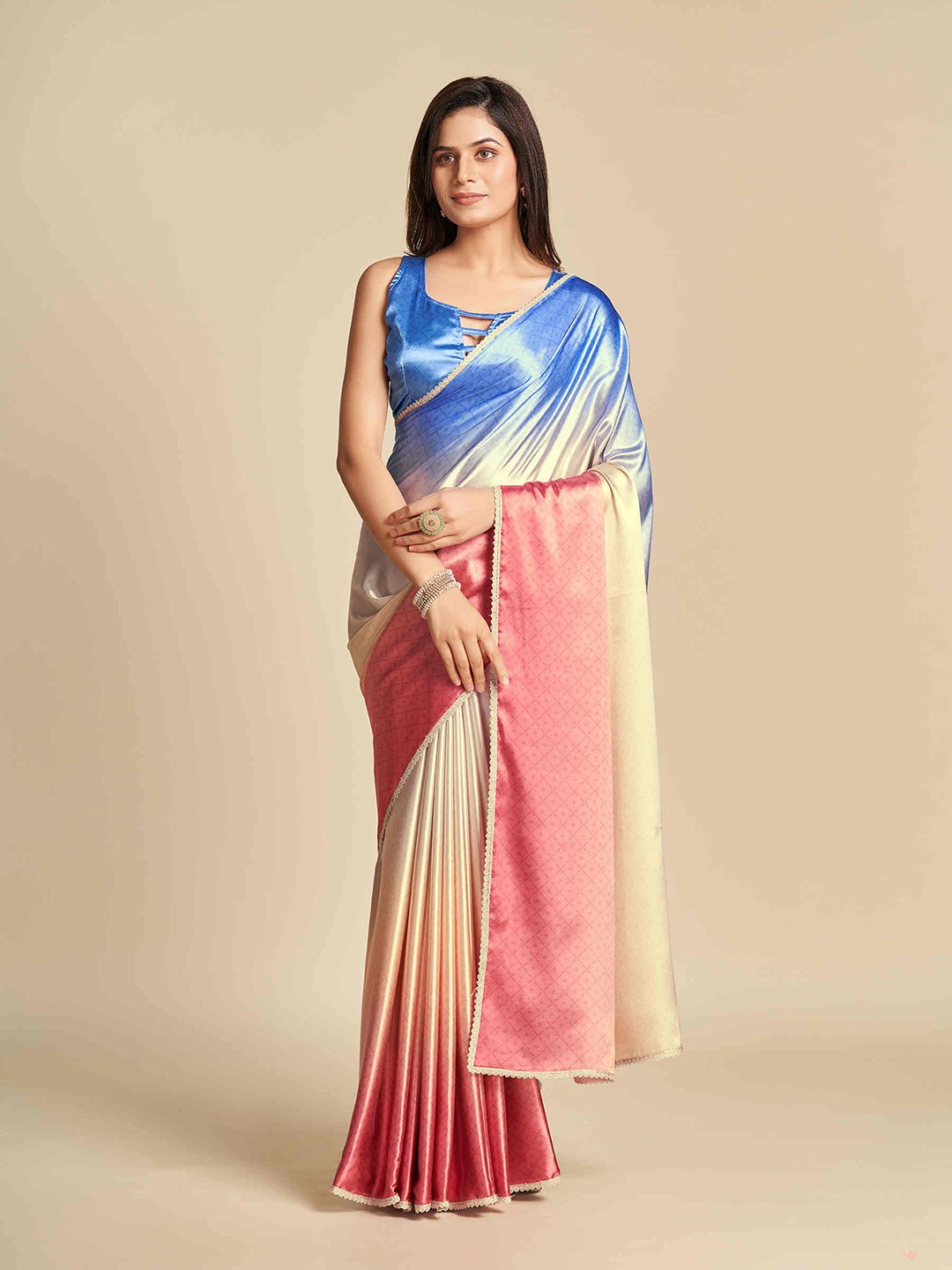 

Mitera Blue & Cream-Coloured Ombre Satin Saree