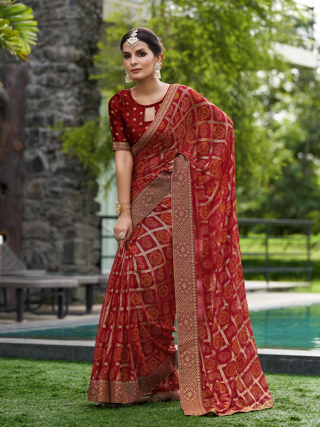 Mitera Ethnic Motifs Printed Pure Georgette Saree, Red
