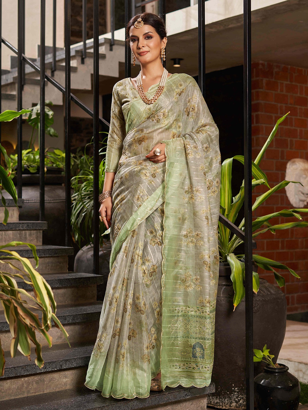 

Mitera Floral Printed Sequinned Organza Saree, Green