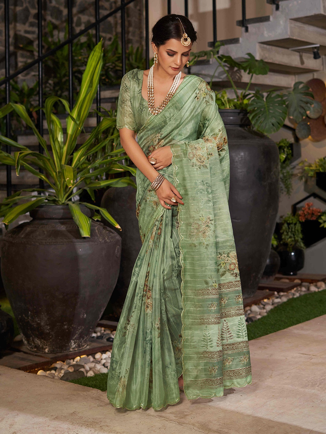 Mitera Embellished Sequinned Organza Saree, Green
