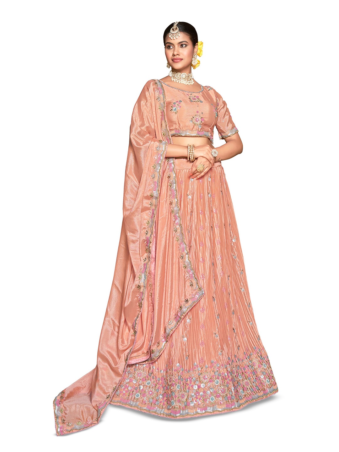

Nimayaa Embellished Sequinned Semi-Stitched Lehenga & Unstitched Blouse With Dupatta, Peach