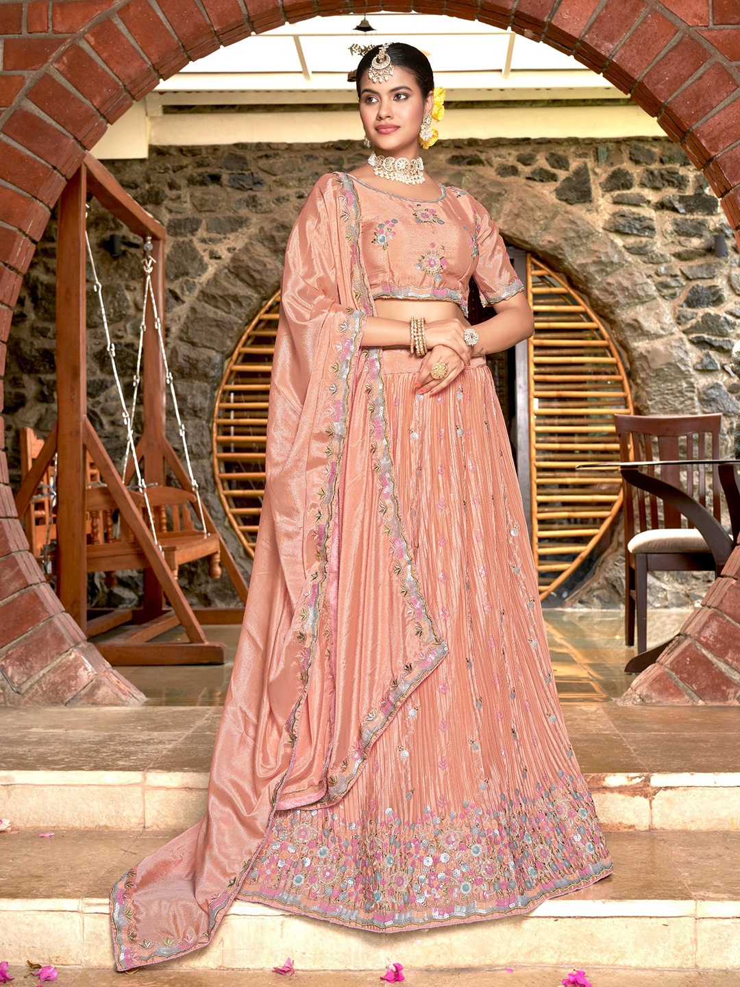 

all about you Embellished Sequinned Semi-Stitched Lehenga & Unstitched Blouse With Dupatta, Peach