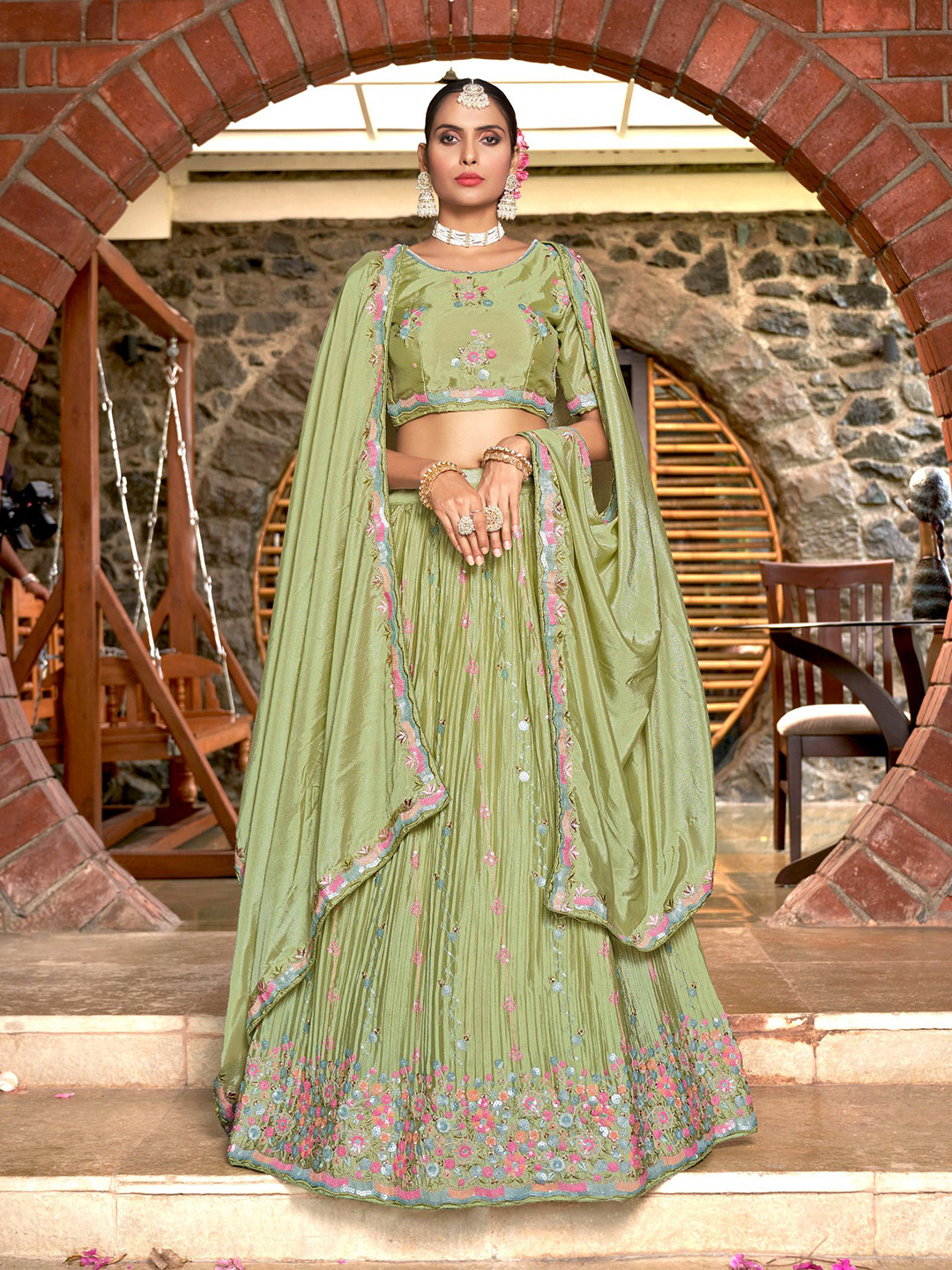 

all about you Embroidered Sequinned Semi-Stitched Lehenga & Unstitched Blouse Dupatta, Green
