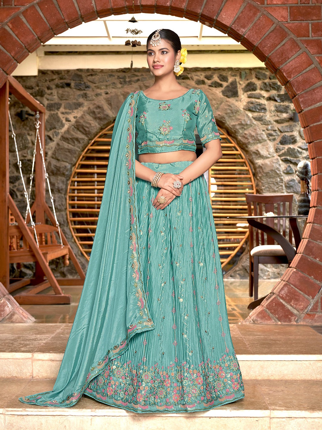 

all about you Sequinned Semi-Stitched Lehenga & Unstitched Blouse With Dupatta, Blue