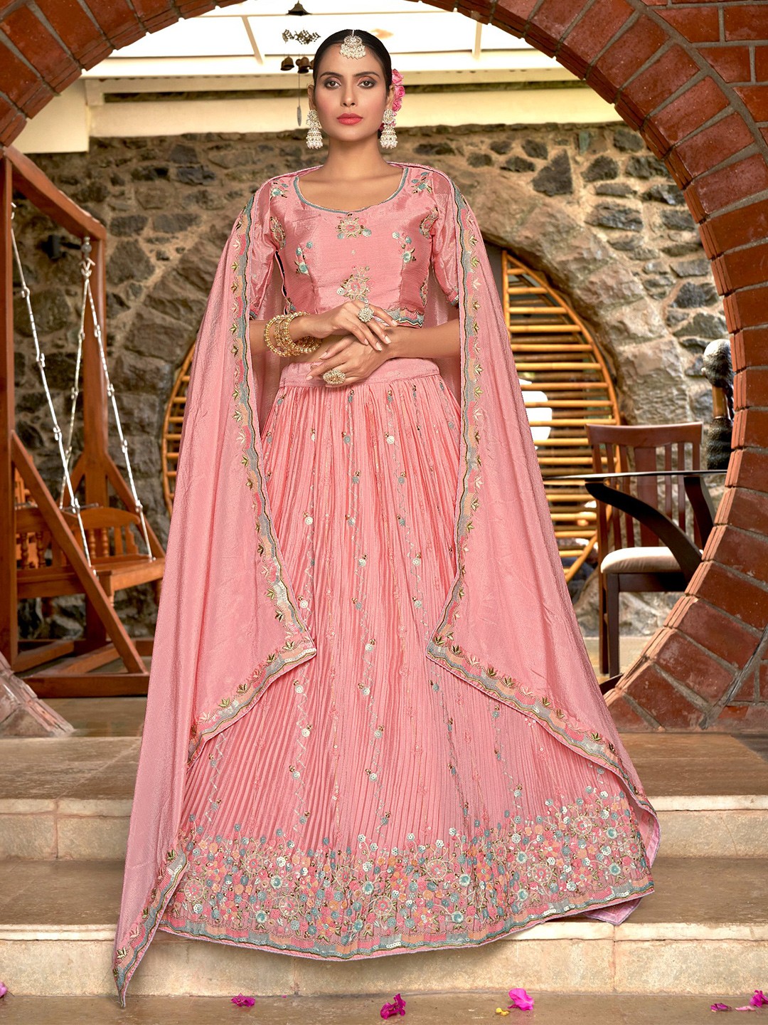 

all about you Embroidered Sequinned Semi-Stitched Lehenga & Unstitched Blouse With Dupatta, Pink