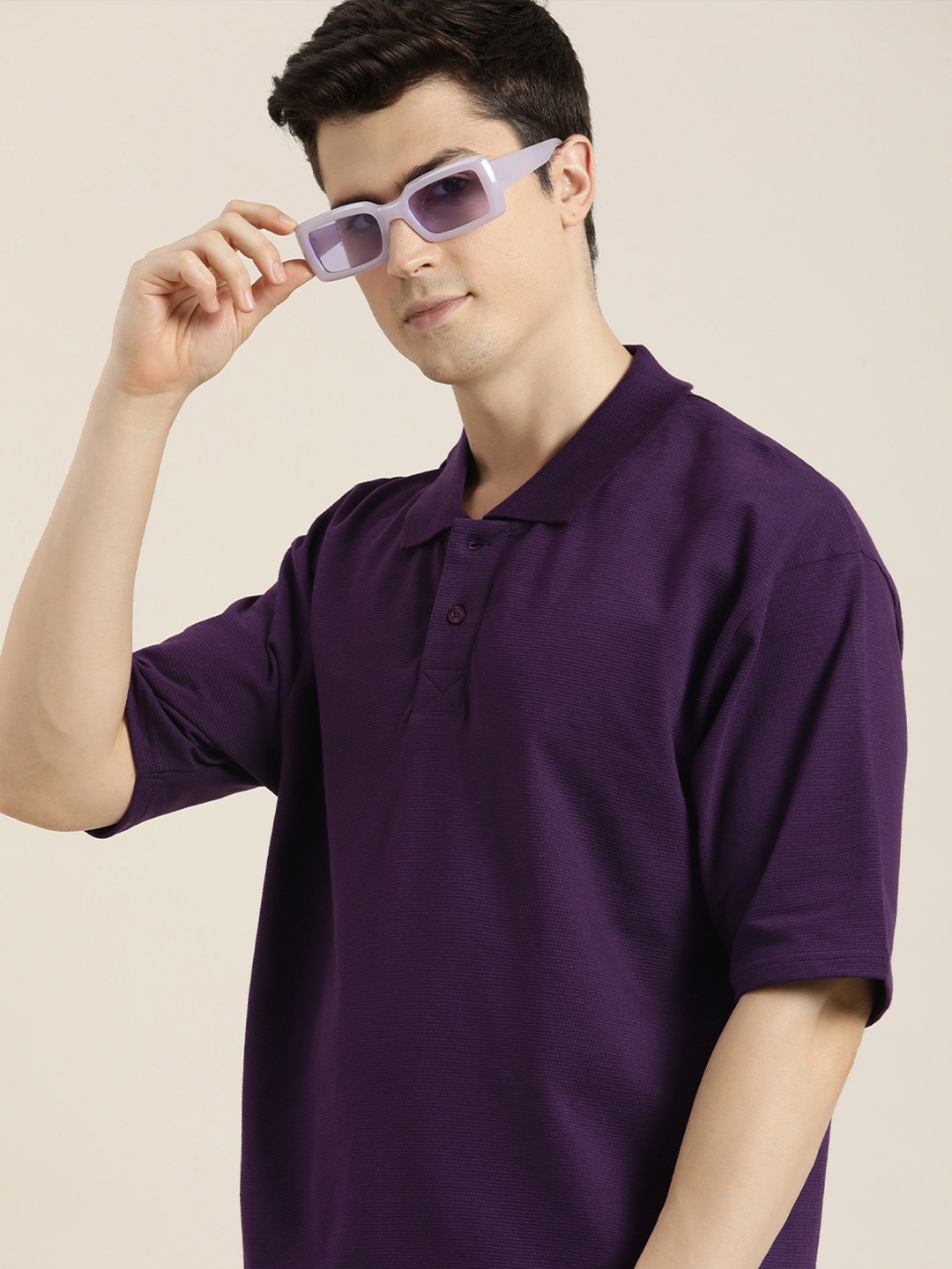 

DILLINGER Men Solid Honeycomb Structure Oversized Cotton Polo T-Shirt, Purple