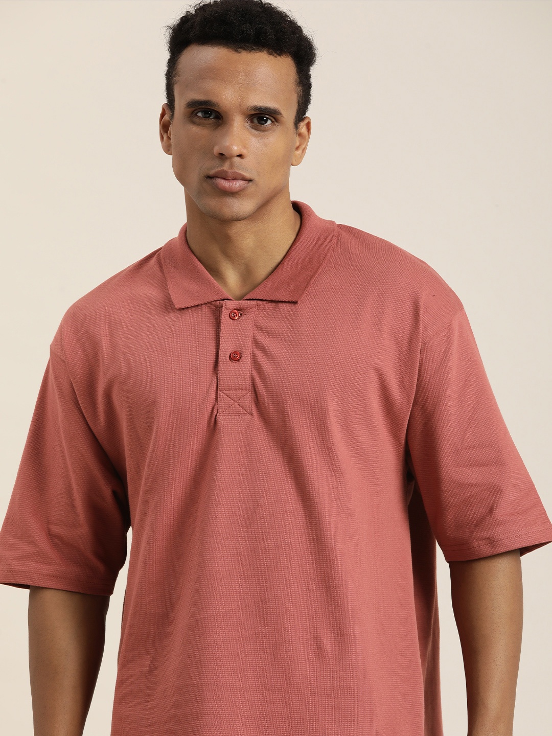 

DILLINGER Men Solid Honeycomb Structure Oversized Cotton Polo T-Shirt, Pink