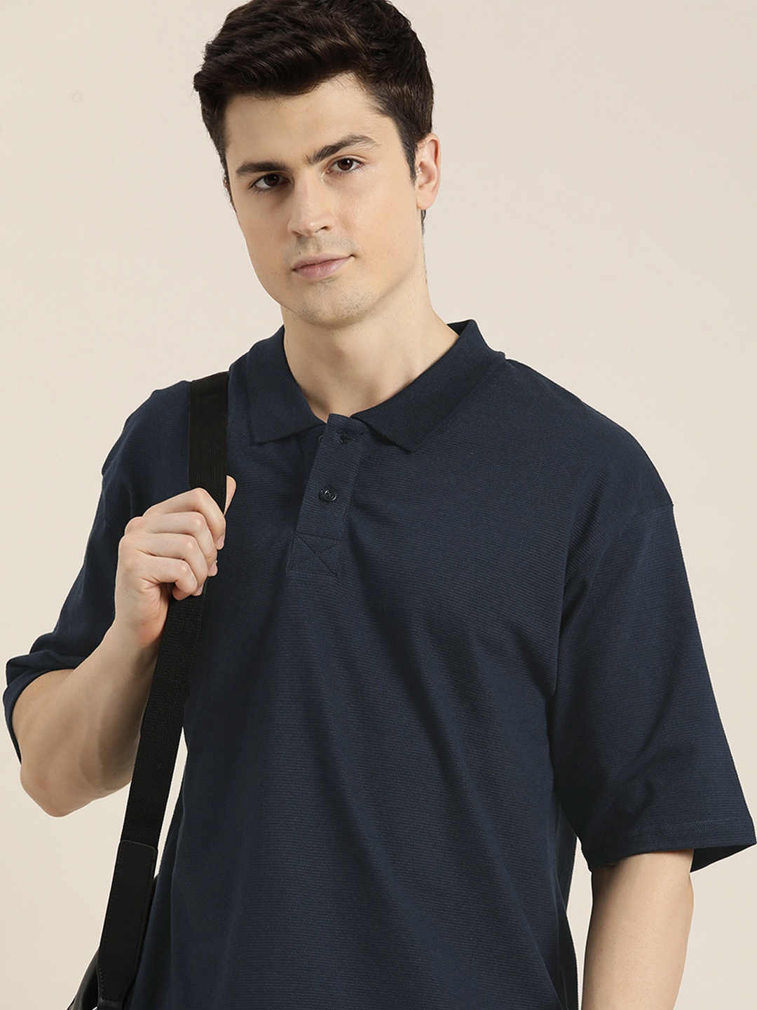 

DILLINGER Men Solid Honeycomb Structure Oversized Cotton Polo T-Shirt, Navy blue