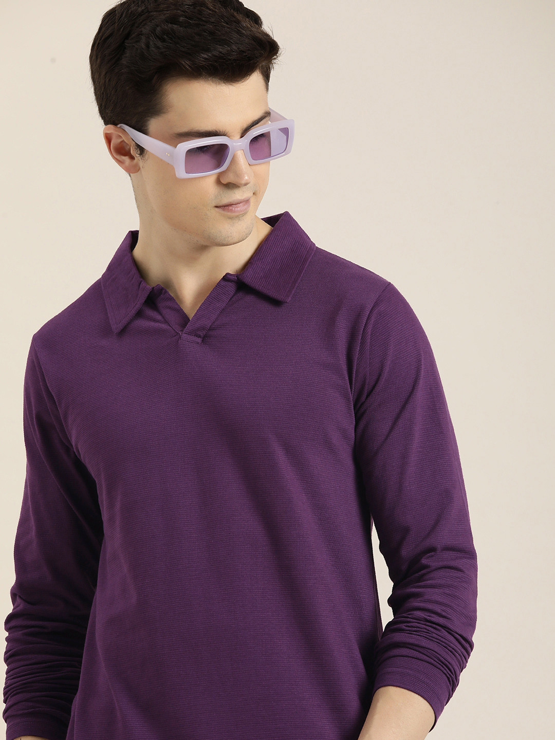 

DILLINGER Men Solid Honeycomb Structure Long Sleeve Cotton Polo T-Shirt, Purple