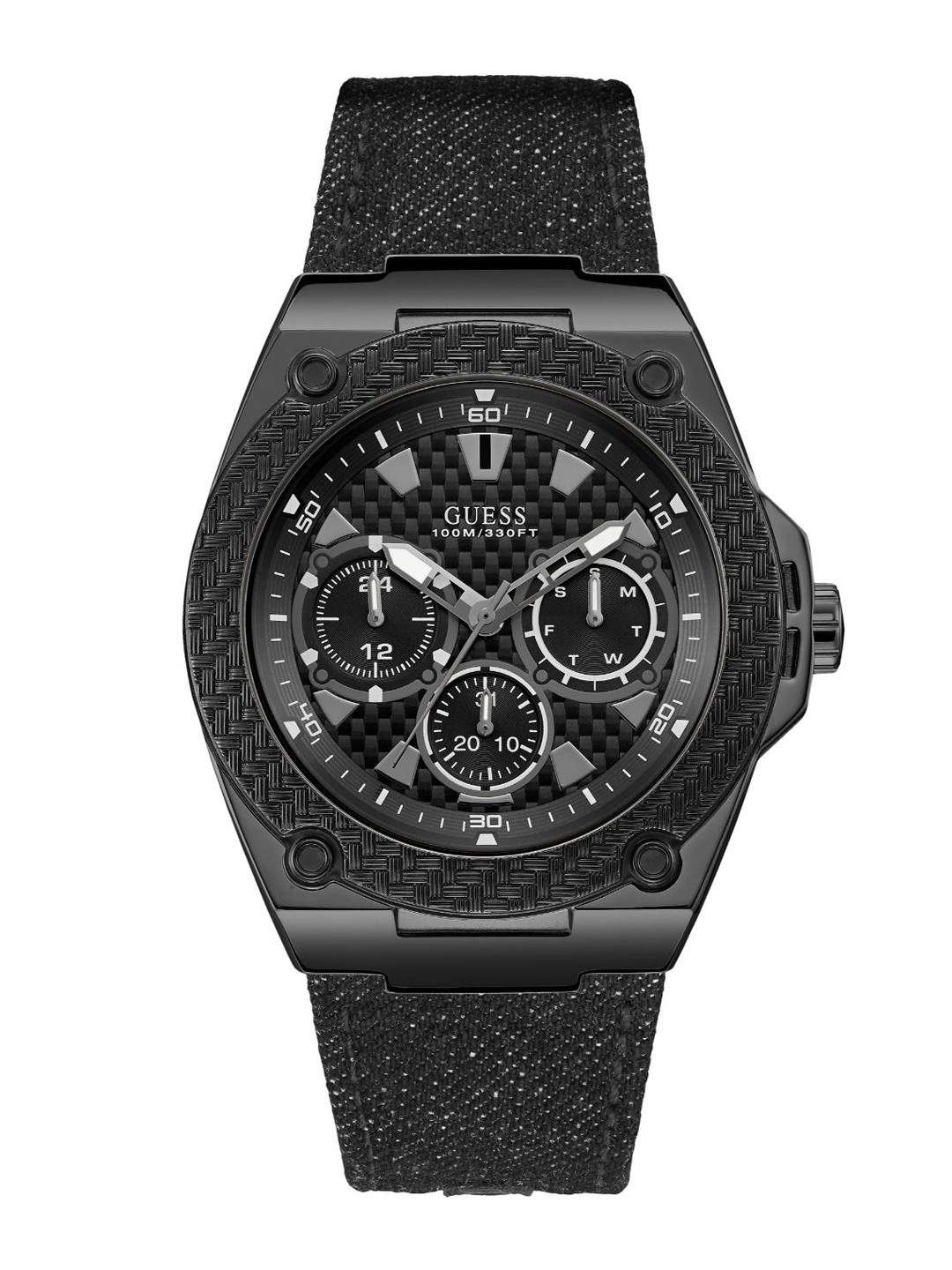 

GUESS Men Leather Textured Straps Multi Function Analogue Watch W1058G3, Black