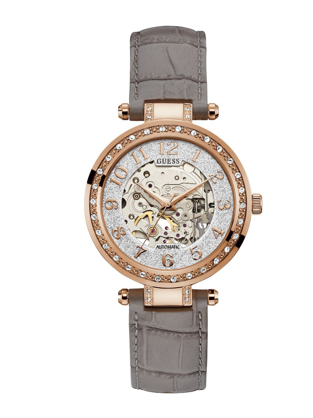 

GUESS Women Skeleton Dial Leather Textured Straps Analogue Watch W1287L3, Silver