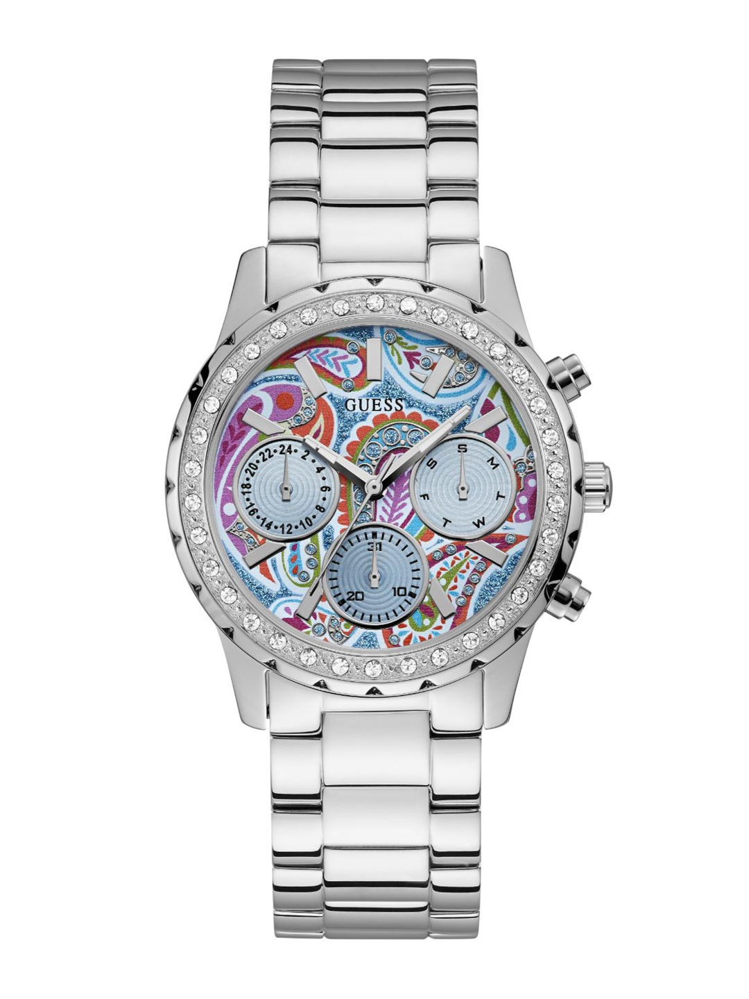 

GUESS Women Brass Embellished Stainless Steel Bracelet Style Straps Analogue Watch W1092L1, Blue