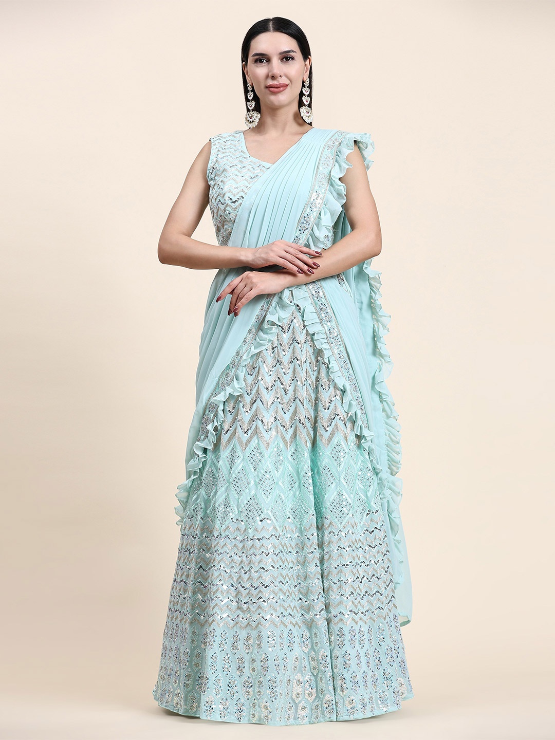 

HERE&NOW Embroidered Sequinned Ready to Wear Lehenga & Blouse With Dupatta, Blue