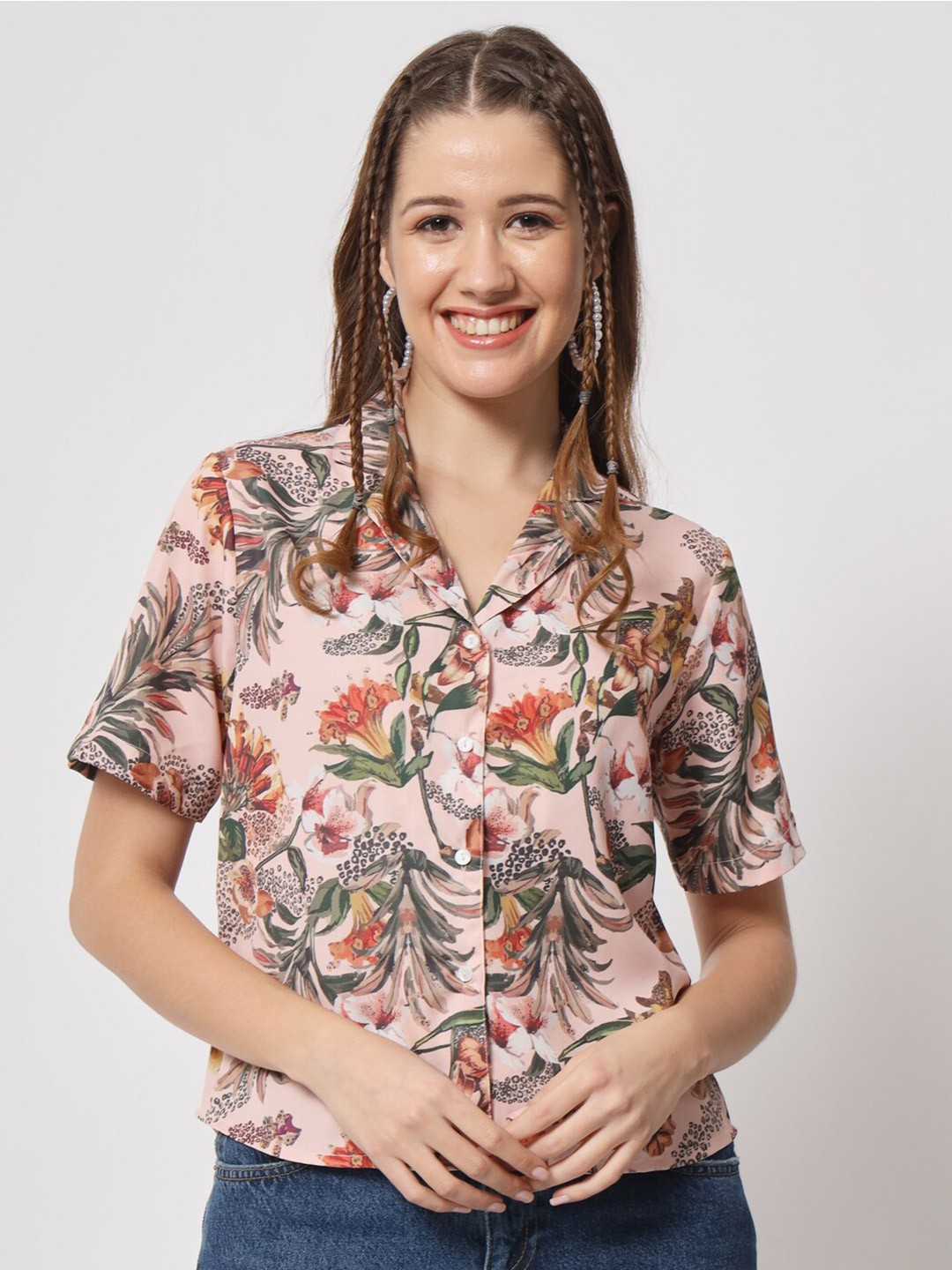 

angloindu Floral Printed Shirt Collar Shirt Style Top, Peach