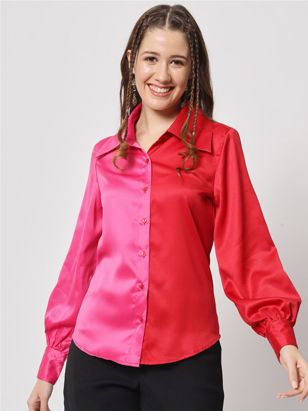 

angloindu Colourblocked Printed Shirt Style Top, Red