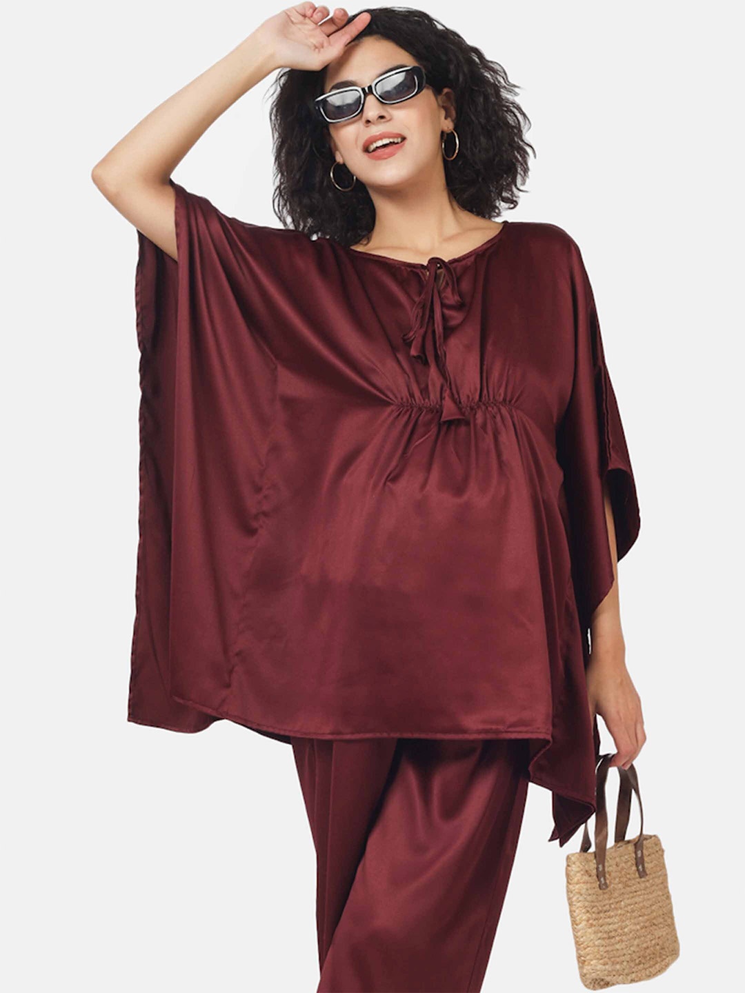 

angloindu Tie-Up Neck Kimono Sleeves Maternity Kaftan Top, Burgundy