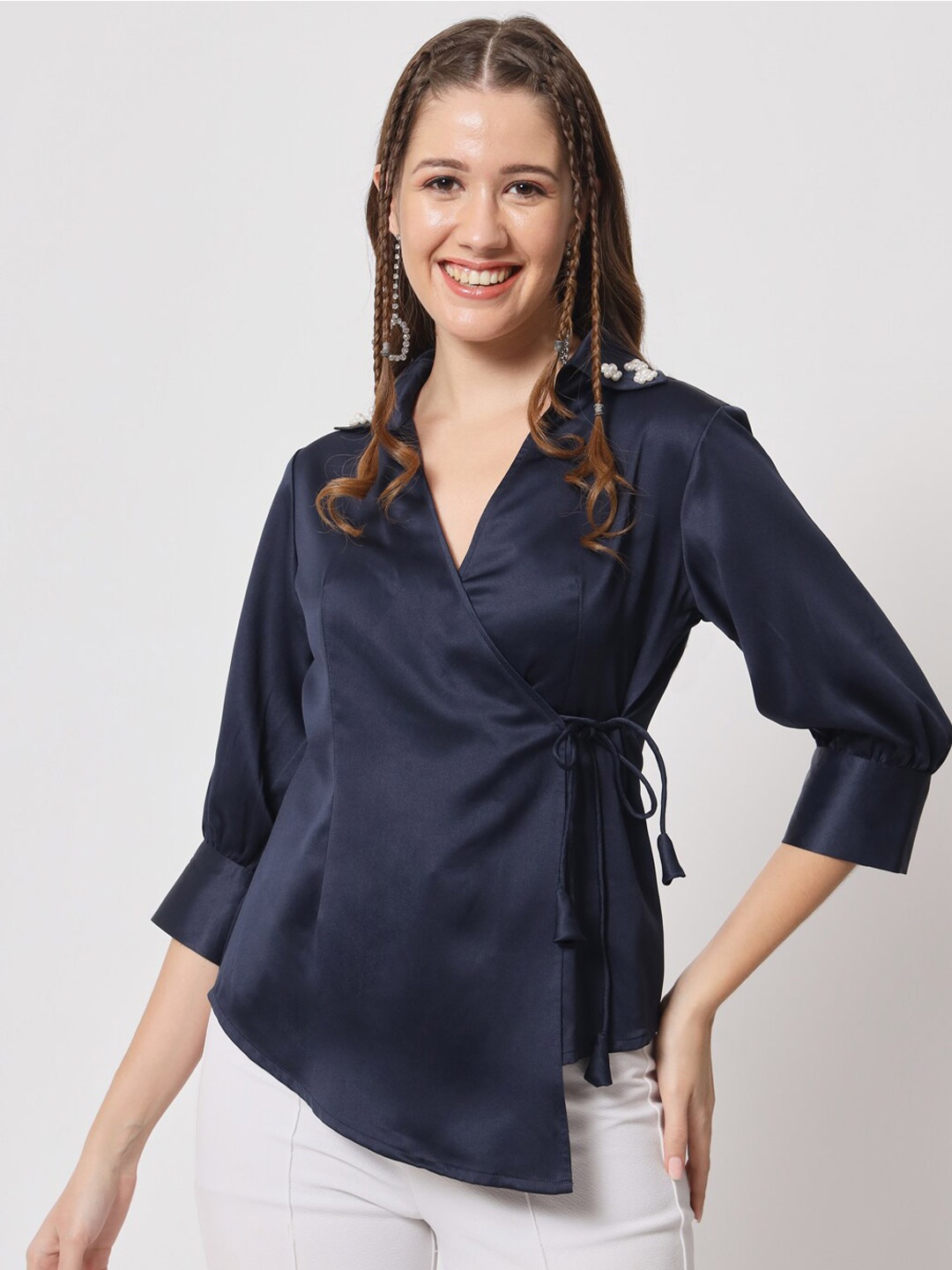 

angloindu V-Neck Wrap Top, Navy blue