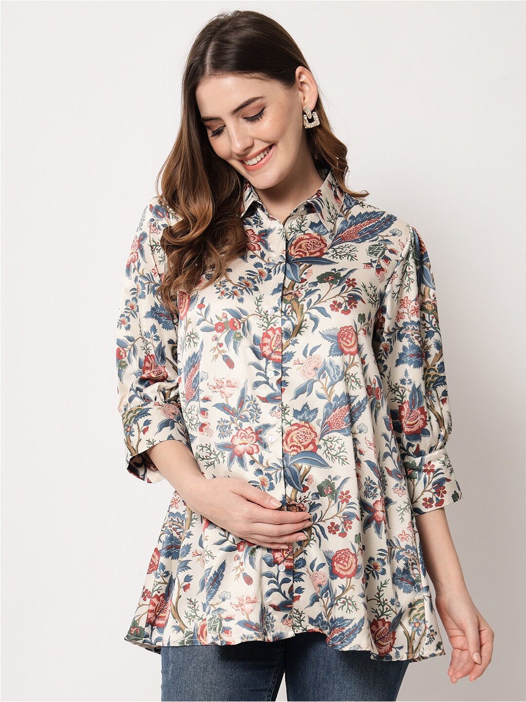 

angloindu Floral Printed Opaque Longline Maternity Casual Shirt, Beige