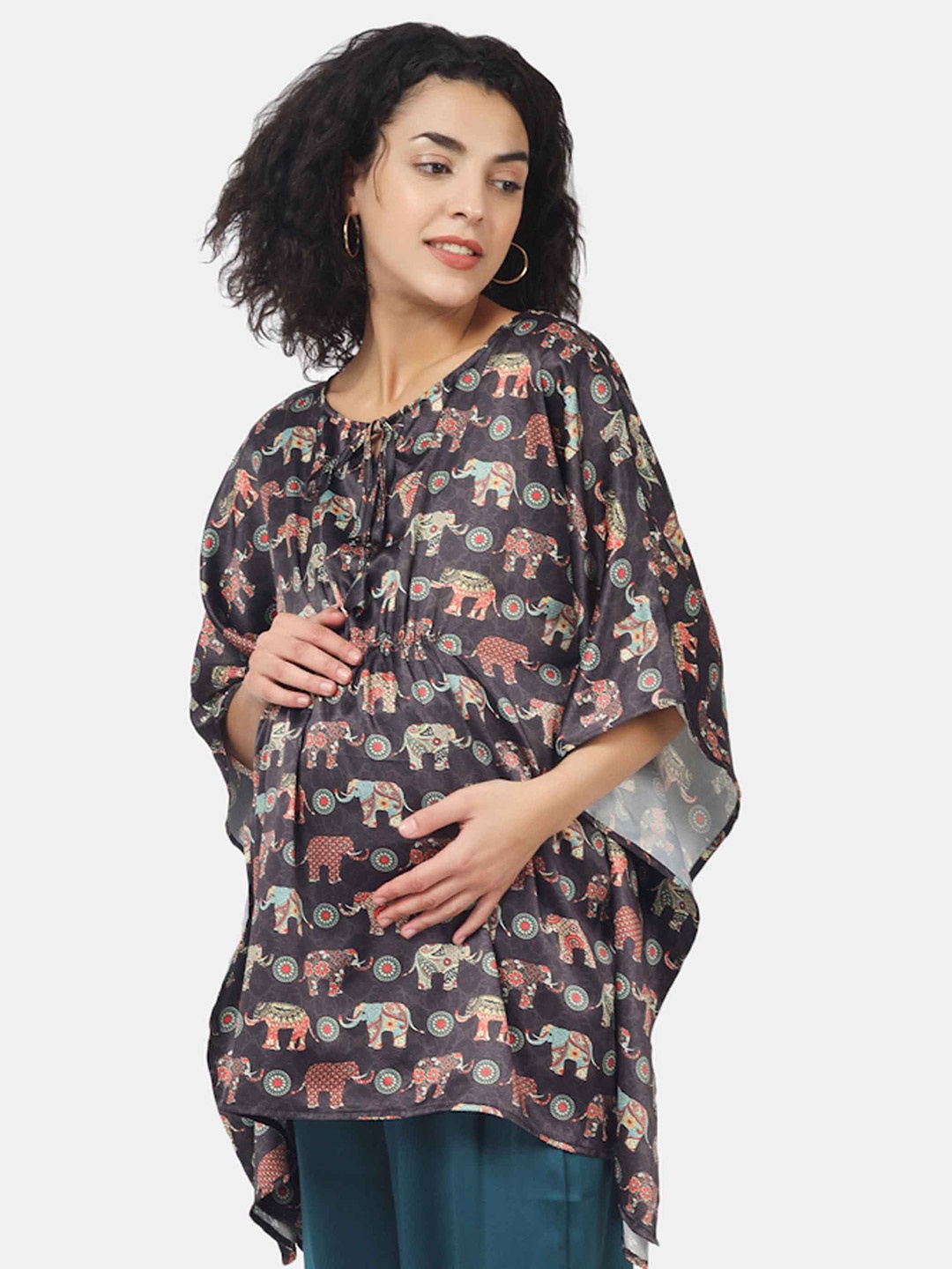 

angloindu Ethnic Motifs Printed Tie-Up Neck Kaftan Maternity Top, Black