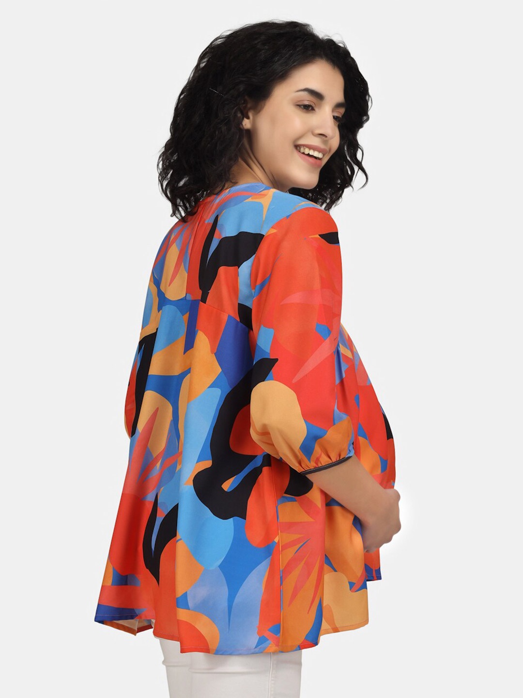 

angloindu Maternity Floral Printed Gathered & Pleated Puff Sleeve Boxy Top, Orange