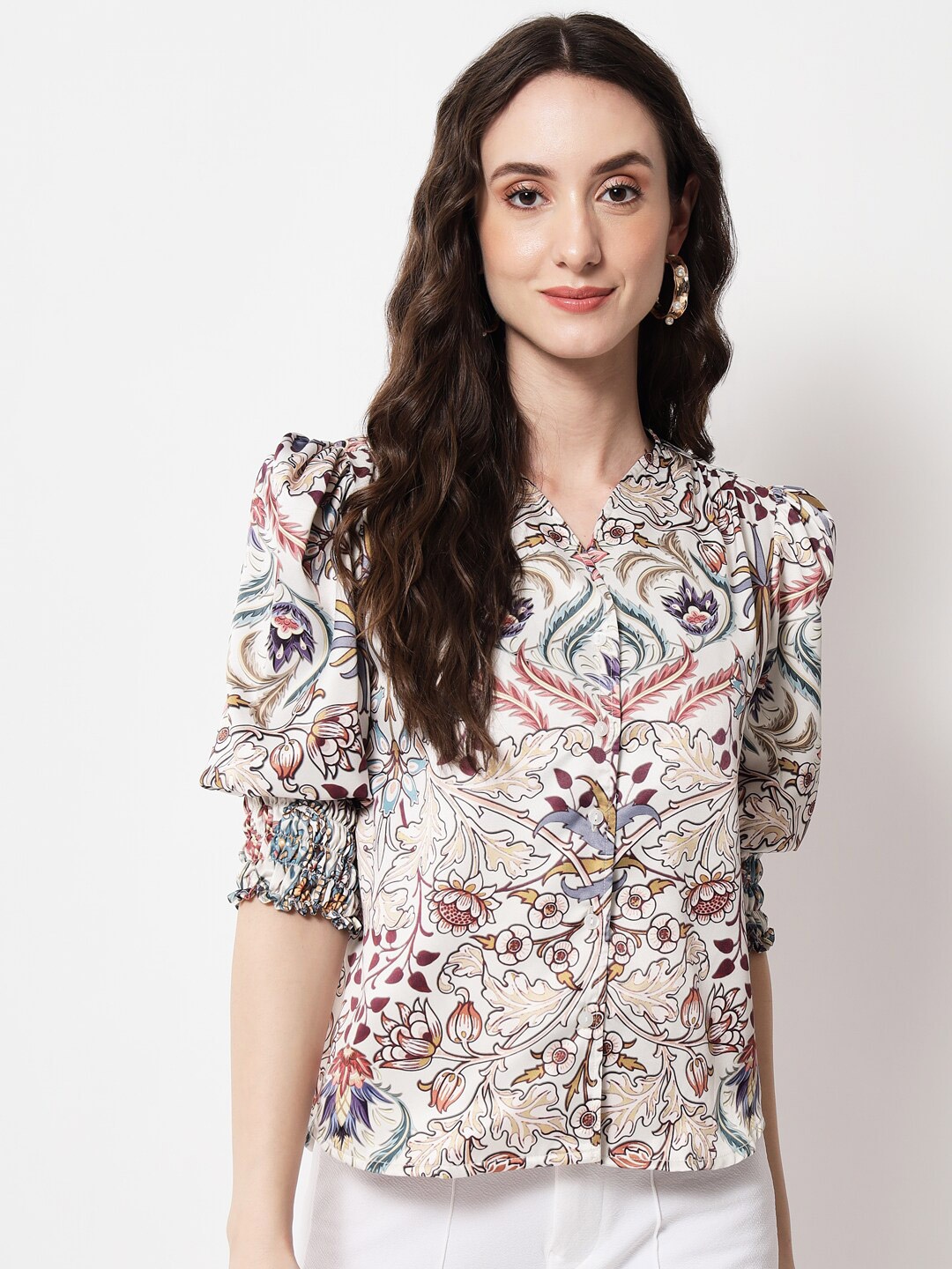 

angloindu Floral Printed Puff Sleeve Smocking Shirt Style Top, Cream