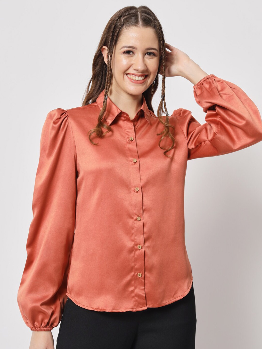 

angloindu Puff Sleeves Opaque Casual Shirt, Rust